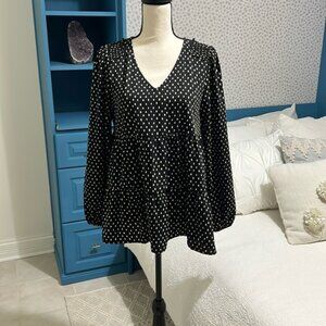 JODIFL black ivory abstract spot tiered babydoll blouse with puff sleeve